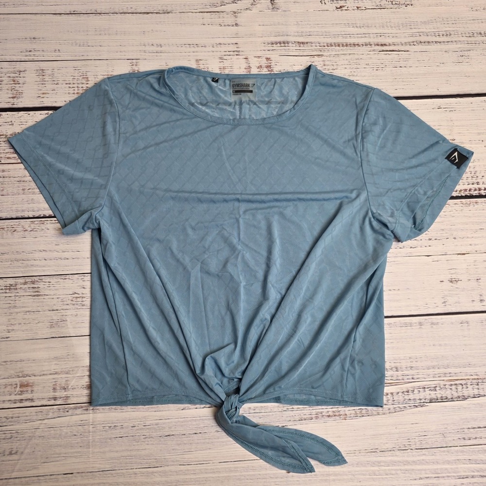 Gymshark Mesh Shirt Women Medium Blue Cropped Tie Front Short Sleeve Lightweight